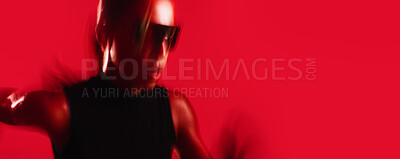 Buy stock photo Fitness, motion blur or woman in studio with sprint, intense cardio or stamina exercise in speed activity. Banner, mockup or person with space, fast run or endurance workout on red background.