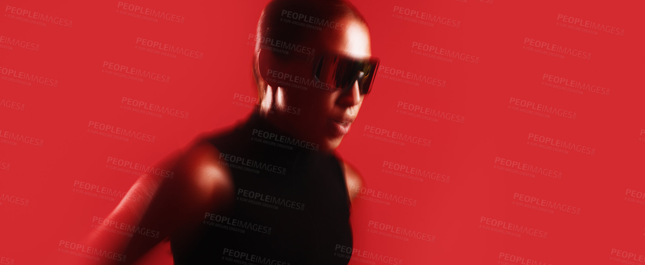 Buy stock photo Fitness, speed and woman in studio with blur, cardio or stamina exercise with challenge on banner. Intense, fast movement or person with space, sports hobby or endurance workout on red background