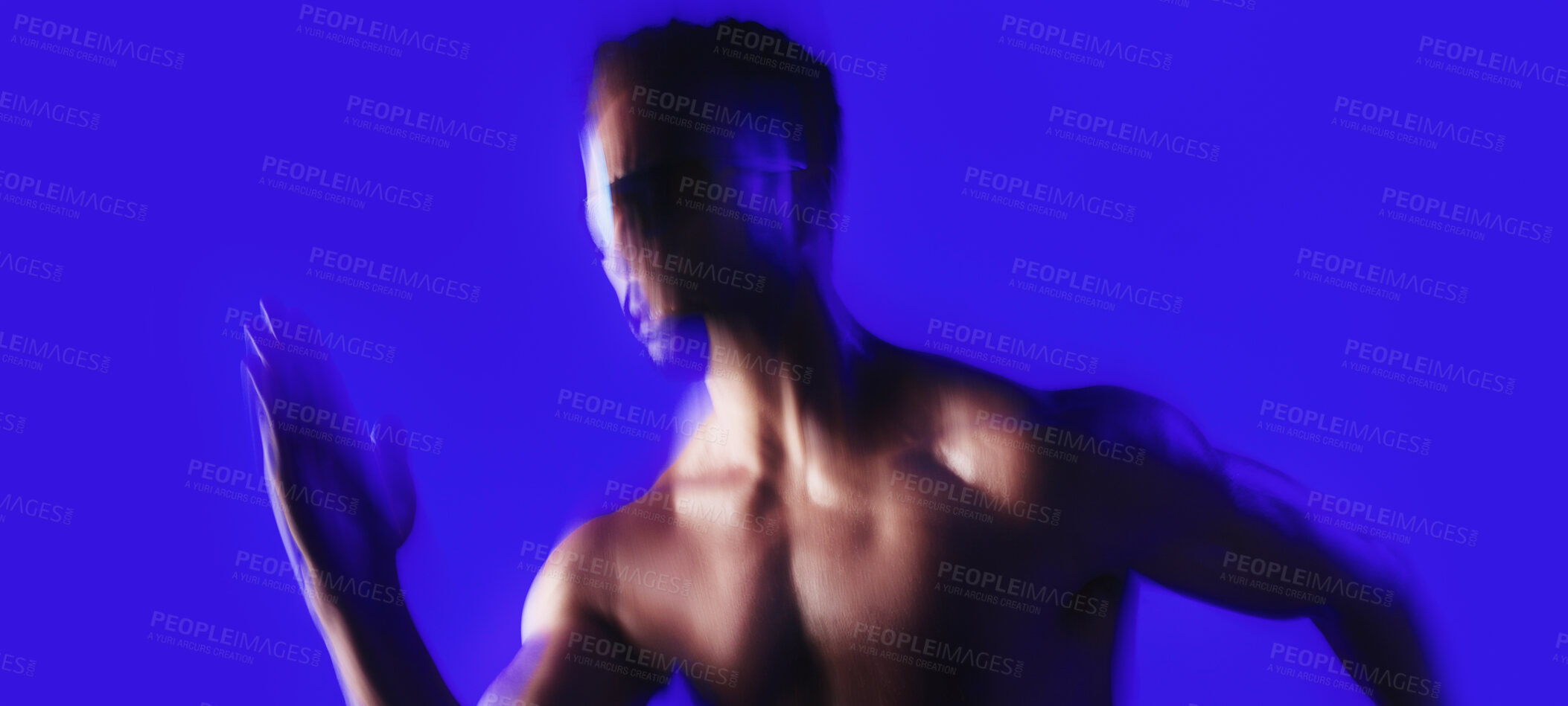 Buy stock photo Fitness, motion blur or man in studio with sprint, cardio or stamina exercise in speed activity. Fast, intense run or person with movement, sports hobby or endurance workout on blue background.