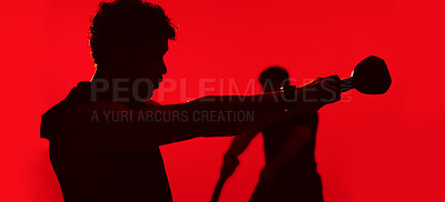Buy stock photo Fitness, collage or people in studio with strength training, kettlebell or battle rope in bodybuilding. Exercise, silhouette or athletes with equipment, joint workout or muscle gain on red background