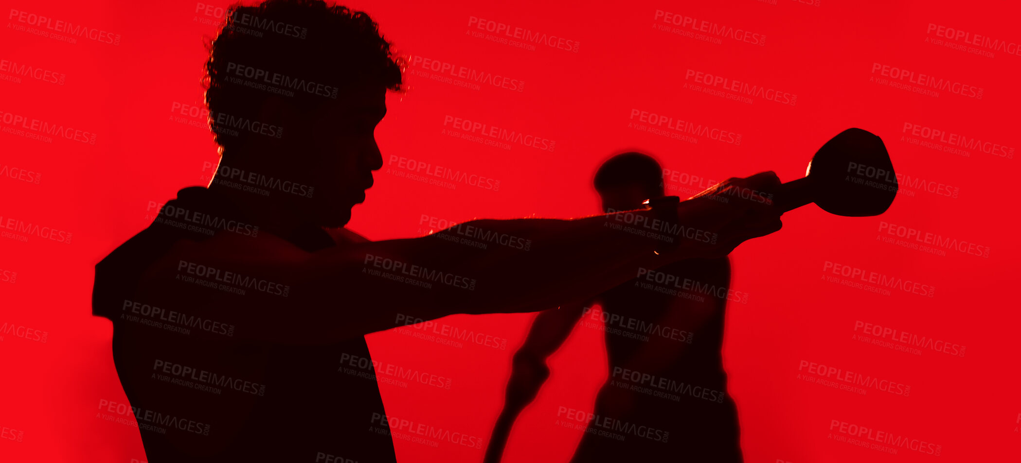 Buy stock photo Fitness, collage or people in studio with strength training, kettlebell or battle rope in bodybuilding. Exercise, silhouette or athletes with equipment, joint workout or muscle gain on red background