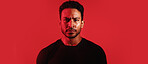 Serious, man and portrait with banner in studio of fighter ready for battle on a red background. Male person, neon and fitness with confidence for arena preparation or weight class on mockup space