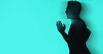 Fitness, motion blur or athlete on studio background with sprint, cardio or stamina exercise in speed activity. Intense, running or man with mockup, sport hobby or endurance workout in fast movement.