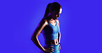Tired, woman and sweating in studio with exercise break, thinking or training recovery for wellness. Mockup space, active person or athlete with workout rest, fatigue or reflection on blue background