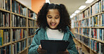 Girl, child and ebook in library with tablet, search website and online literature for development. Happy, student and reading at school with tech, storytelling app or education for knowledge growth.