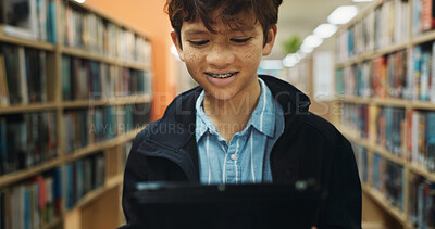 Buy stock photo Education, student and tablet with boy in library for back to school development, growth or study. App, learning and reading with child learner at academy for future, knowledge or online research