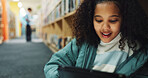 Education, student and tablet with girl in library for back to school development, growth or study. App, learning and reading with child pupil at academy for future, knowledge or online research