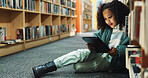 Learning, student and tablet with girl in library for back to school development, growth or study. App, education and reading with child pupil at academy for future, knowledge or online research