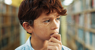 Buy stock photo Education, student and thinking with boy in library of academy for decision, ideas or vision. Bookshelf, inspiration and learning with child pupil at school for development, future or growth