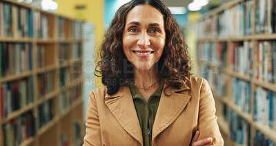 Buy stock photo Education, portrait or teacher in library with pride, job or confidence in academic position. Happy, mature woman or educator at school with literature, career or about us in tutoring industry.