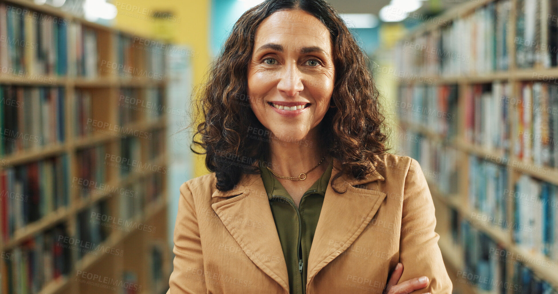 Buy stock photo Education, portrait or teacher in library with pride, job or confidence in academic position. Happy, mature woman or educator at school with literature, career or about us in tutoring industry.