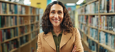 Buy stock photo Education, portrait or teacher in library with arms crossed, job or confidence in academic position. Happy, mature woman or educator at school with literature, career or about us in tutoring industry