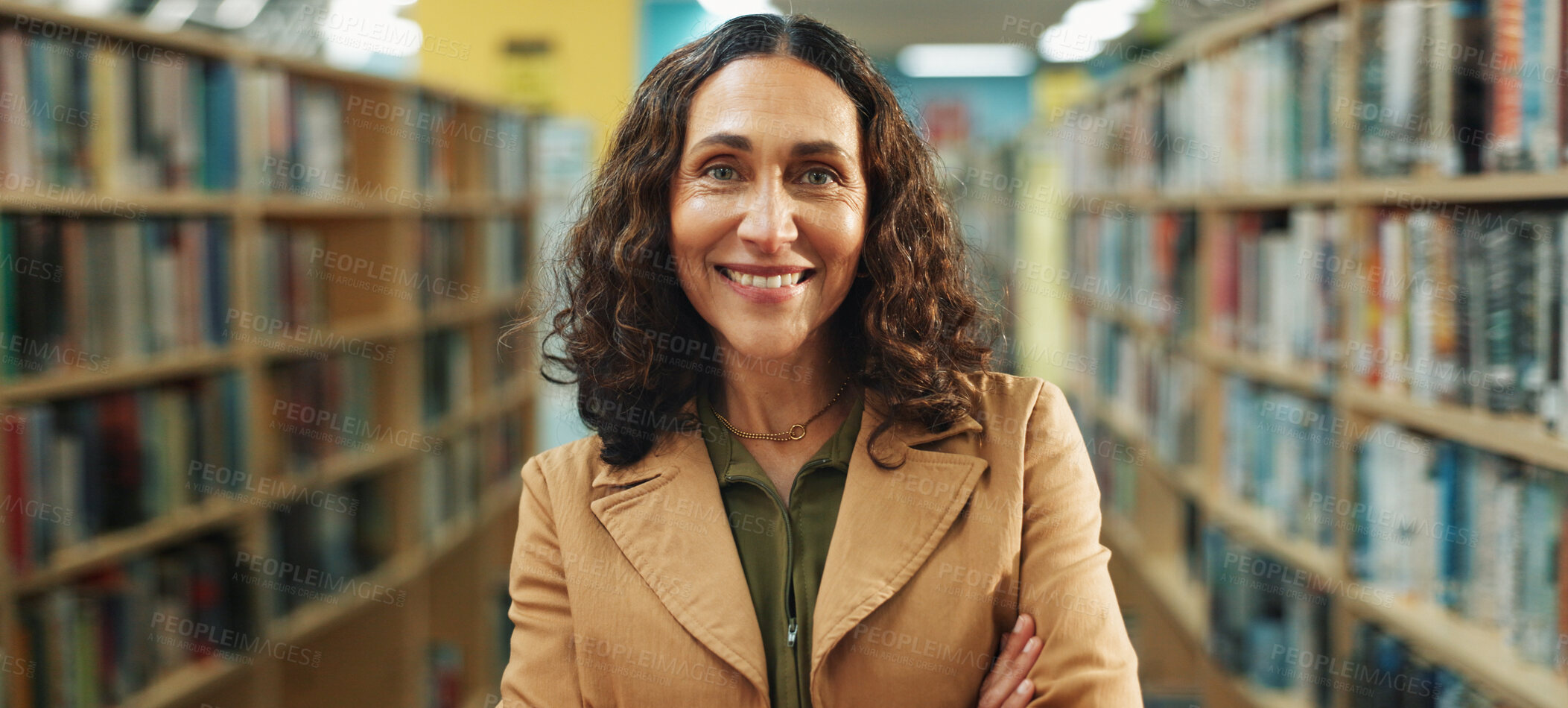 Buy stock photo Education, portrait or teacher in library with arms crossed, job or confidence in academic position. Happy, mature woman or educator at school with literature, career or about us in tutoring industry
