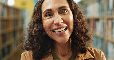 Buy stock photo Education, portrait or teacher in library with happiness, job or confidence in academic position. Smile, mature woman or educator at school with literature, career or about us in tutoring industry.