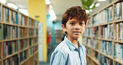 Buy stock photo Middle school, portrait or kid in library with smile, knowledge or scholarship in academic development. Education, child or student at academy with books, confidence or growth in learning opportunity