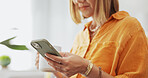 Woman, phone and coffee in home with social media, communication and networking in living room. Hands, female person and reading with digital tech for online chatting, texting or mobile app in house