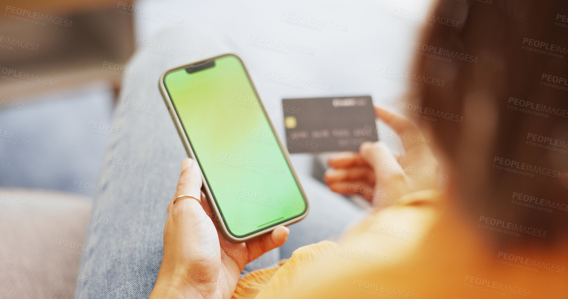 Buy stock photo Smartphone, green screen and hands with credit card in house, online shopping and payment on website. Ecommerce, home and person with mobile for social media membership, discount and mockup space
