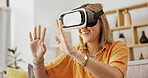 VR goggles, happy and woman on sofa in home for 3d gaming experience in living room on weekend. Smile, high tech and female person with virtual reality headset for metaverse video game in apartment.