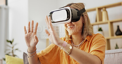 Buy stock photo VR goggles, happy and woman on sofa in home for 3d gaming experience in living room on weekend. Smile, high tech and female person with virtual reality headset for metaverse video game in apartment.
