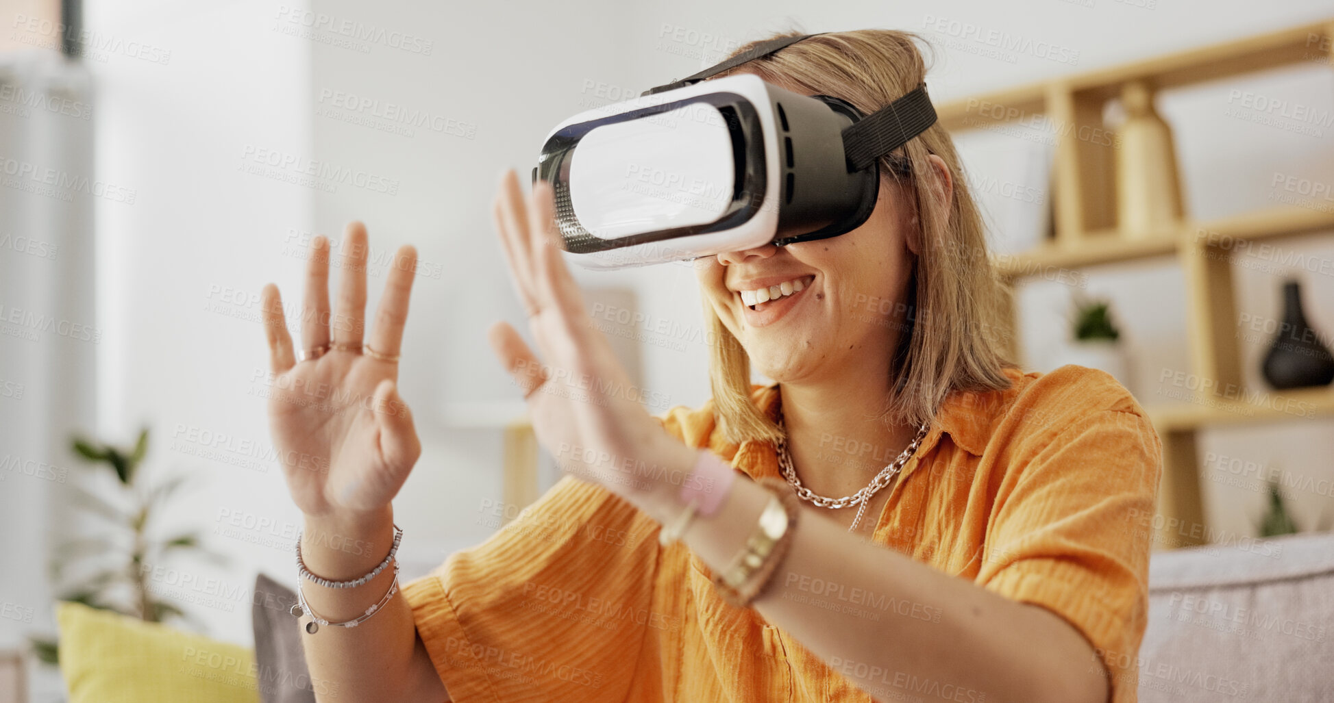Buy stock photo VR goggles, happy and woman on sofa in home for 3d gaming experience in living room on weekend. Smile, high tech and female person with virtual reality headset for metaverse video game in apartment.