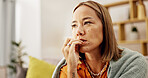 Mental health, biting nails and Asian woman in home with nerves, overthinking or coping mechanism for anxiety. Worry, mindset and person with bad habit, reflection or stress in emotional thoughts.
