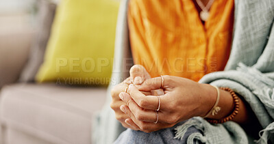 Buy stock photo Mental health, mistake and hands in house with nerves, mindset or guilt in overthinking. Regret, anxiety and female person in home with discomfort, reflection or stress in emotional thoughts.