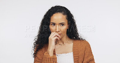 Buy stock photo Thinking, vision and idea with woman in studio for problem solving, reflection and future. Planning, question and perspective with person on white background for brainstorming, decision and insight