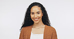 Student, portrait and woman with smile in studio, university and study opportunity with scholarship. White background, learner and person with college funding, mockup space and education in Brazil