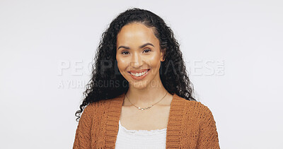 Buy stock photo Student, portrait and woman with smile in studio, university and study opportunity with scholarship. White background, learner and person with college funding, mockup space and education in Brazil
