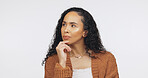 Thinking, vision and insight with woman in studio for problem solving, reflection and future. Planning, question and perspective with person on white background for brainstorming, decision and idea
