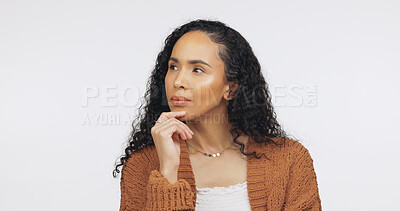 Buy stock photo Thinking, vision and insight with woman in studio for problem solving, reflection and future. Planning, question and perspective with person on white background for brainstorming, decision and idea