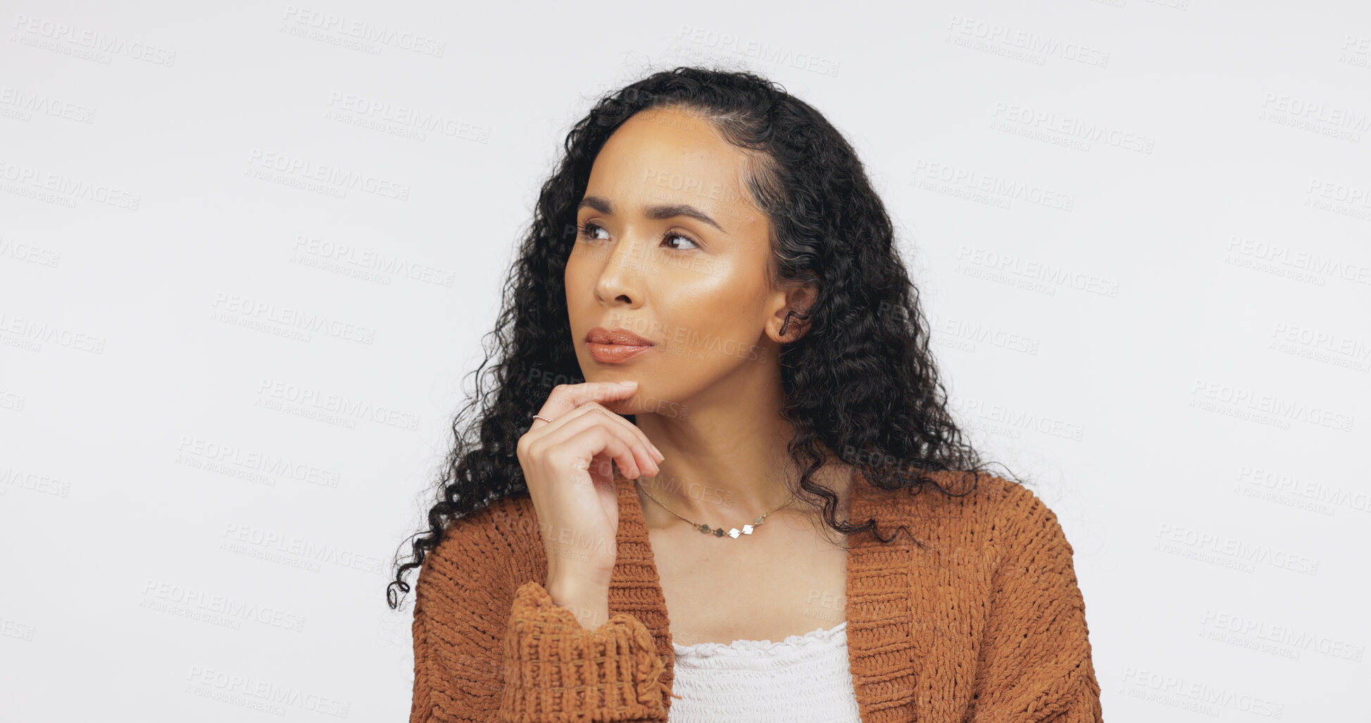 Buy stock photo Thinking, vision and insight with woman in studio for problem solving, reflection and future. Planning, question and perspective with person on white background for brainstorming, decision and idea