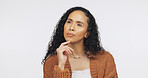 Thinking, planning and idea with woman in studio for problem solving, reflection and future. Vision, question and perspective with person on white background for brainstorming, decision and insight