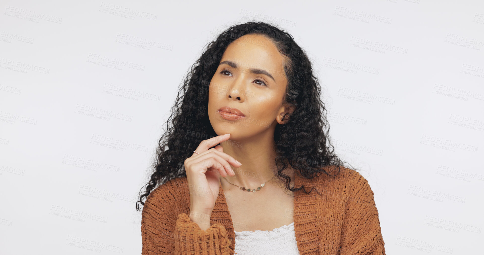 Buy stock photo Thinking, planning and idea with woman in studio for problem solving, reflection and future. Vision, question and perspective with person on white background for brainstorming, decision and insight
