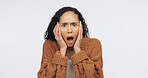 Shock, space and portrait of woman in studio with omg for fake news, gossip and announcement. Omg reaction, mockup and person with surprise for rumor, drama and information on white background