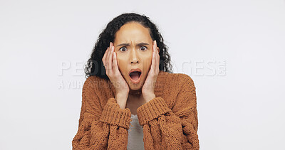Buy stock photo Shock, space and portrait of woman in studio with omg for fake news, gossip and announcement. Wow reaction, mockup and person with surprise for rumor, drama and information on white background