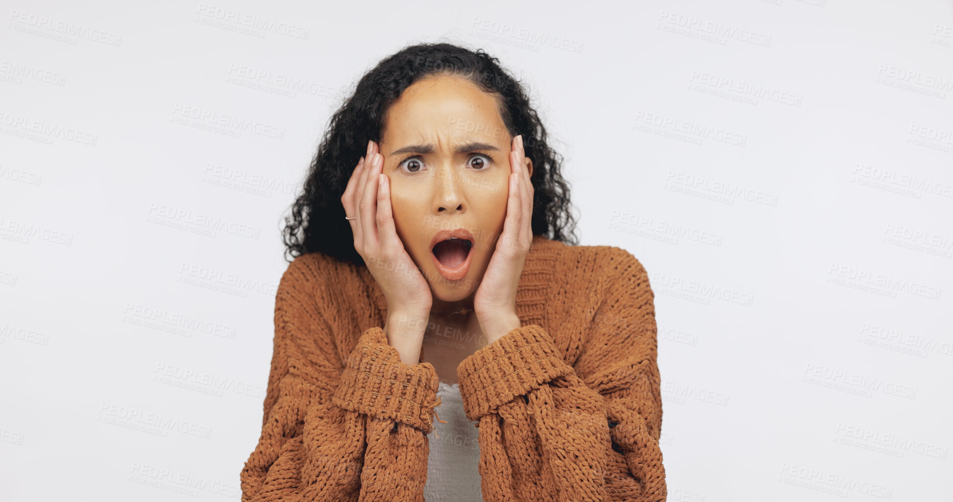 Buy stock photo Shock, space and portrait of woman in studio with omg for fake news, gossip and announcement. Wow reaction, mockup and person with surprise for rumor, drama and information on white background