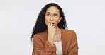 Thinking, confused and idea with woman in studio for problem solving, reflection or future. Planning, question and perspective with person on white background for brainstorming, decision and insight