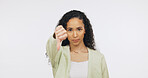 Thumbs down, space and portrait of woman in studio with unhappy, disappointed and disagreement. Emoji, mockup and person with hand gesture for negative opinion, no and bad review on white background