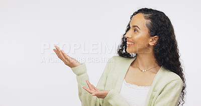 Buy stock photo Student, presentation and woman with smile in studio, knowledge or recommendation for high education. White background, person and promotion for university funding opportunity, point and mockup space