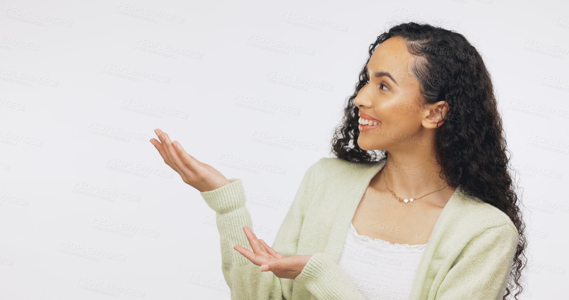 Buy stock photo Student, presentation and woman with smile in studio, knowledge or recommendation for high education. White background, person and promotion for university funding opportunity, point and mockup space