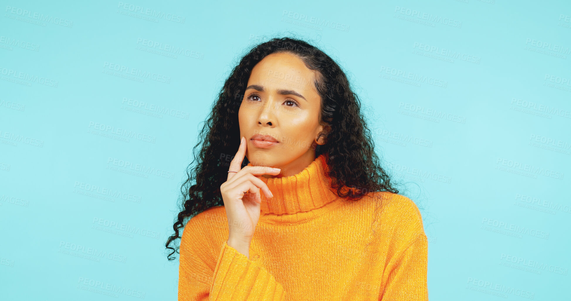 Buy stock photo Thinking, vision and question with woman in studio for problem solving, reflection and future. Planning, idea and perspective with person on blue background for brainstorming, decision and insight