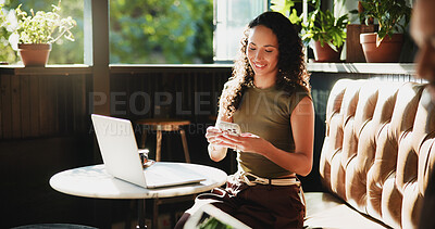 Buy stock photo Woman, phone and typing in coffee shop for remote work, trend research and conversation. Freelance person, laptop and chat in cafe for project, communication or social networking in small business