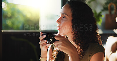 Buy stock photo Cup, thinking and wellness with woman in coffee shop for morning or weekend hospitality. Inspiration, relax and vision with customer drinking beverage in restaurant cafe for future, ideas or planning