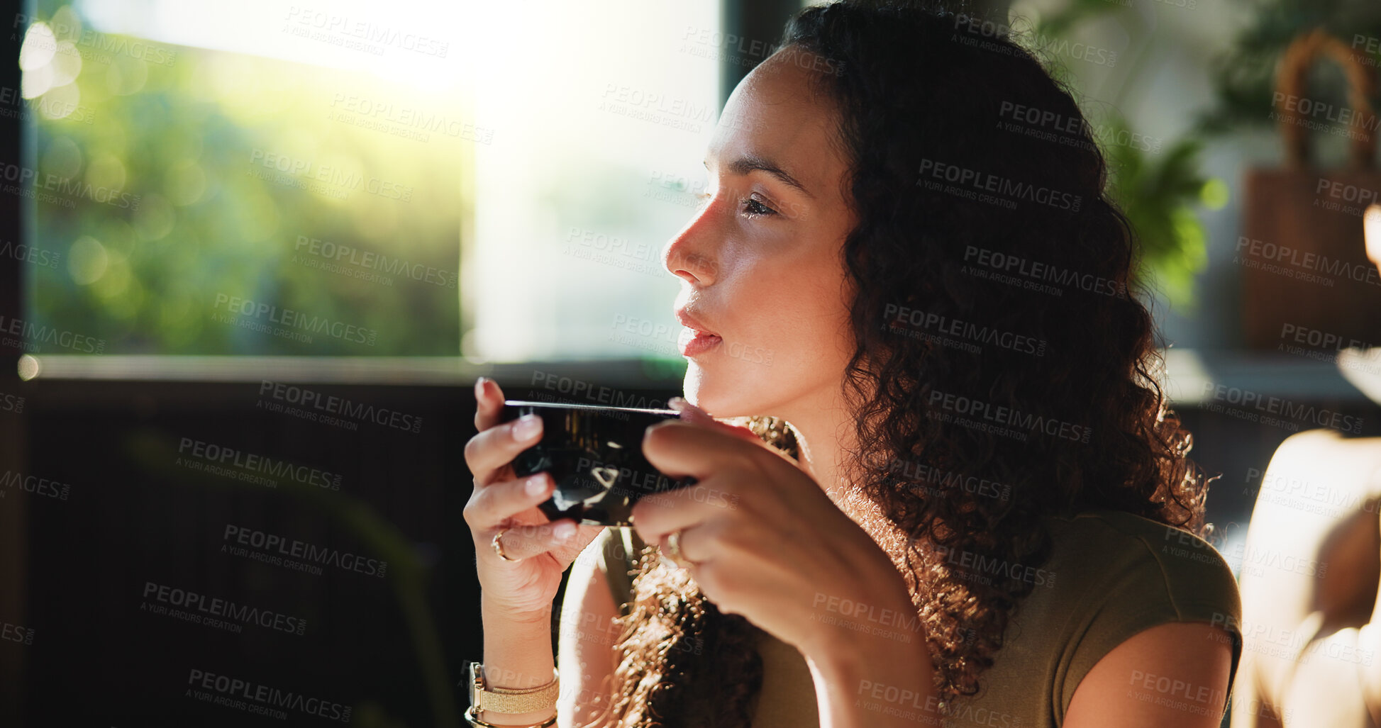 Buy stock photo Cup, thinking and wellness with woman in coffee shop for morning or weekend hospitality. Inspiration, relax and vision with customer drinking beverage in restaurant cafe for future, ideas or planning