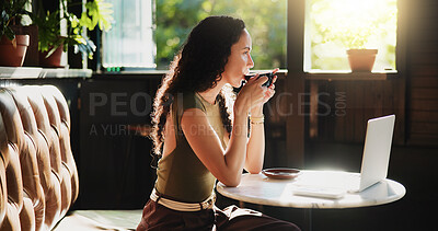 Buy stock photo Laptop, coffee and woman in cafe with freelance career for restaurant review on dining blog. Technology, warm beverage and female hospitality critic with computer for article with diner website.