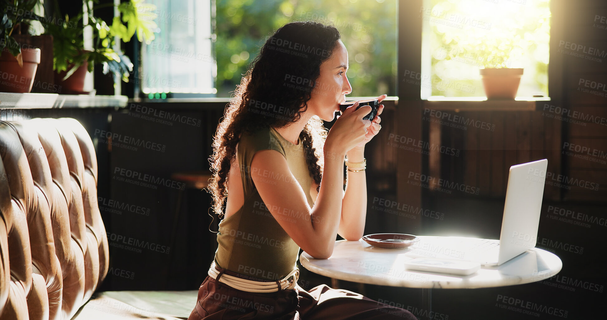 Buy stock photo Laptop, coffee and woman in cafe with freelance career for restaurant review on dining blog. Technology, warm beverage and female hospitality critic with computer for article with diner website.