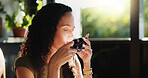 Peace, drink and woman with coffee break in home, smell caffeine aroma and morning routine for start of day. Taste, relax and calm person with hot beverage for weekend zen, apartment and tea scent