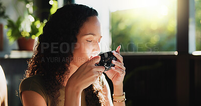 Buy stock photo Peace, drink and woman with coffee break in home, smell caffeine aroma and routine for start of day. Taste, morning relax and calm person with hot beverage for weekend zen, apartment and tea scent