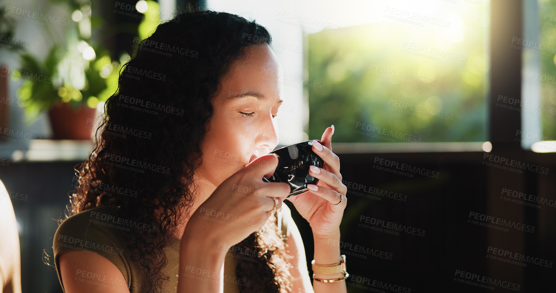 Buy stock photo Peace, drink and woman with coffee break in home, smell caffeine aroma and routine for start of day. Taste, morning relax and calm person with hot beverage for weekend zen, apartment and tea scent
